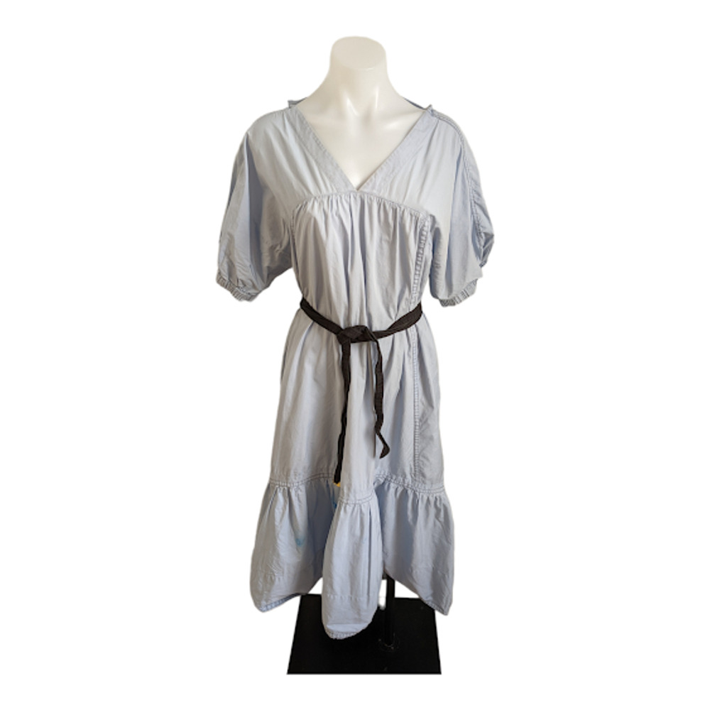 3.1 Philip Lim Size 6 A Line Midi Dress Blue Belted Cut Out V Neck Short Sleeves